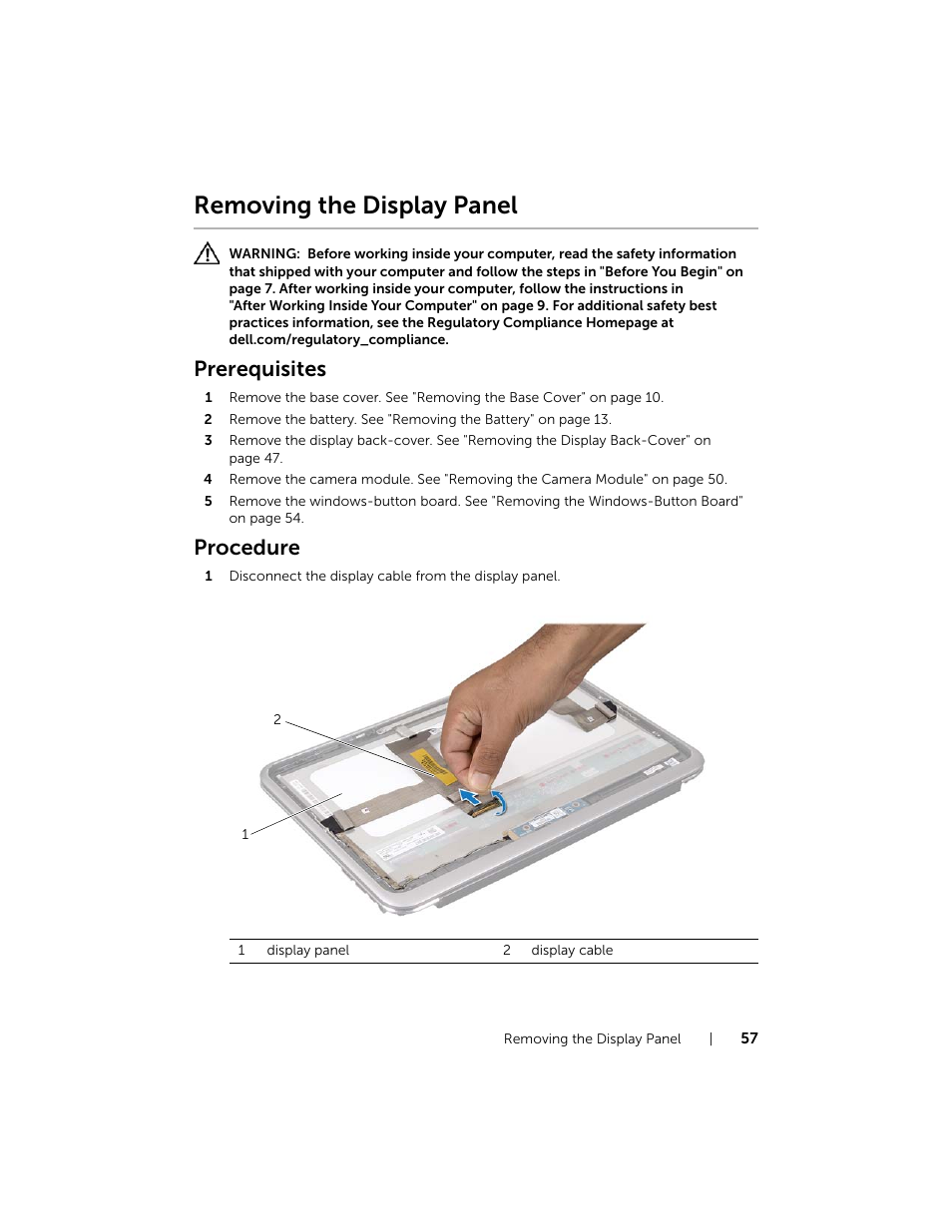 Removing the display panel, Prerequisites, Procedure | Dell XPS 12 (9Q23, Late 2012) User Manual | Page 57 / 66