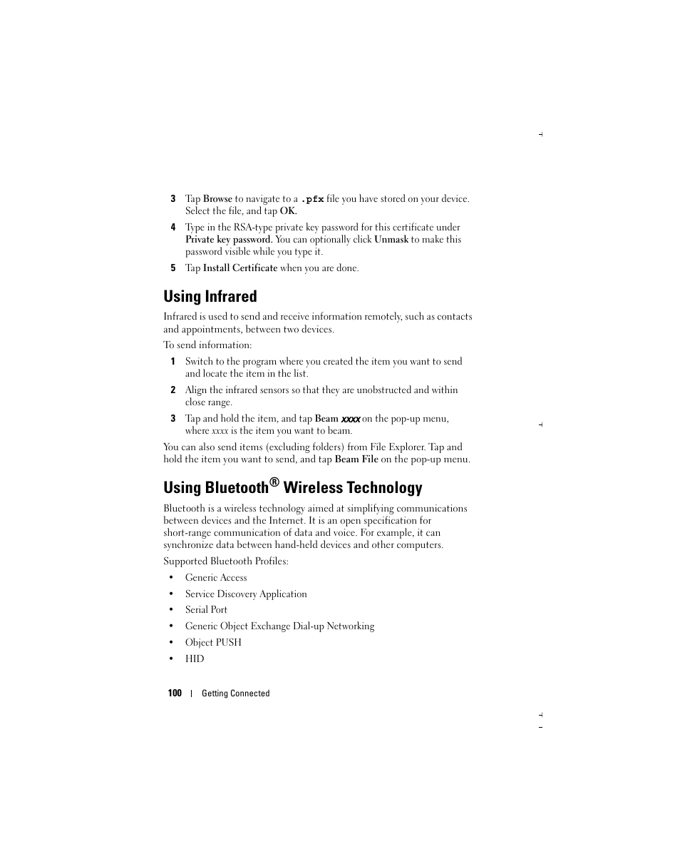 Using infrared, Using bluetooth, Wireless technology | Dell Axim X51 User Manual | Page 100 / 142