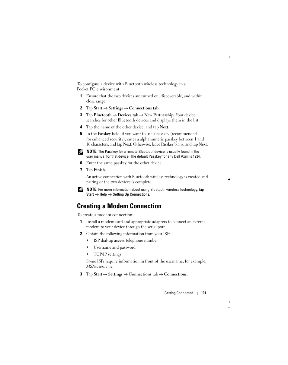 Creating a modem connection | Dell Axim X51 User Manual | Page 101 / 142