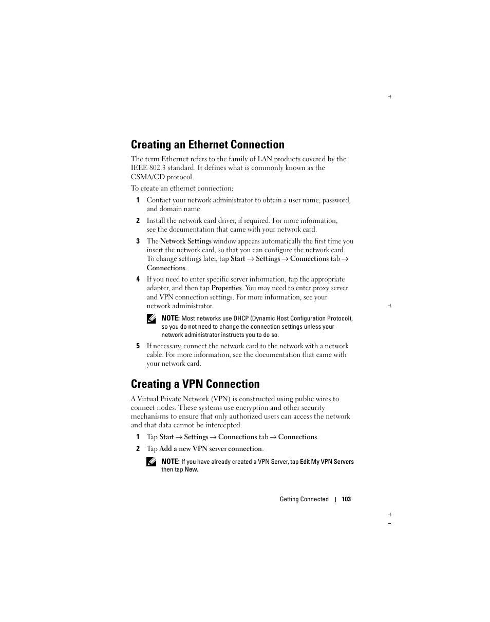 Creating an ethernet connection, Creating a vpn connection | Dell Axim X51 User Manual | Page 103 / 142