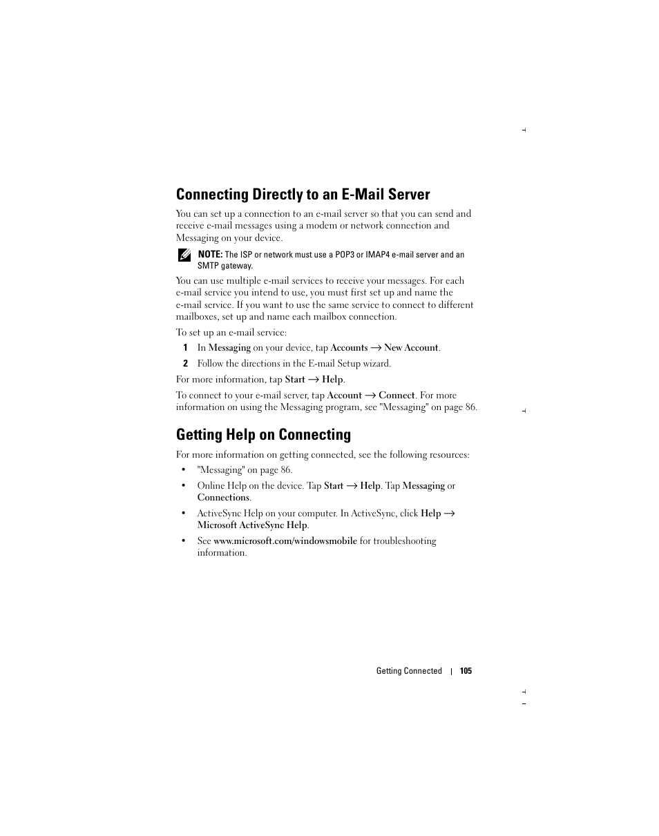 Connecting directly to an e-mail server, Getting help on connecting | Dell Axim X51 User Manual | Page 105 / 142