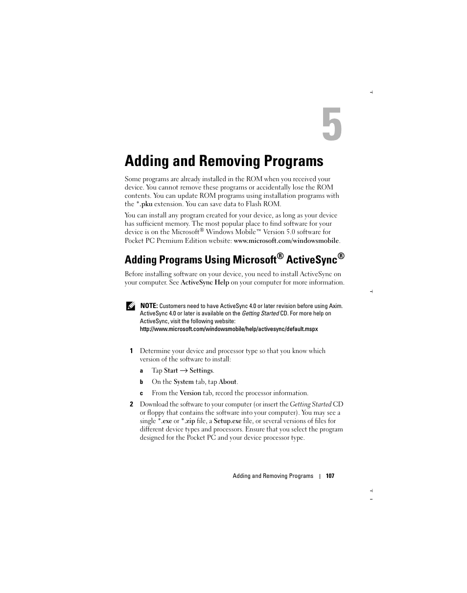Adding and removing programs, Adding programs using microsoft, Activesync | Dell Axim X51 User Manual | Page 107 / 142