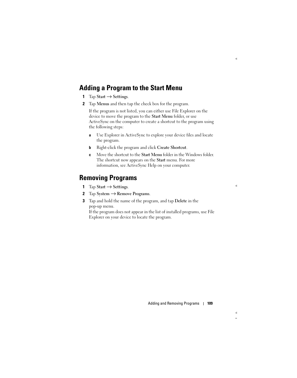 Adding a program to the start menu, Removing programs | Dell Axim X51 User Manual | Page 109 / 142