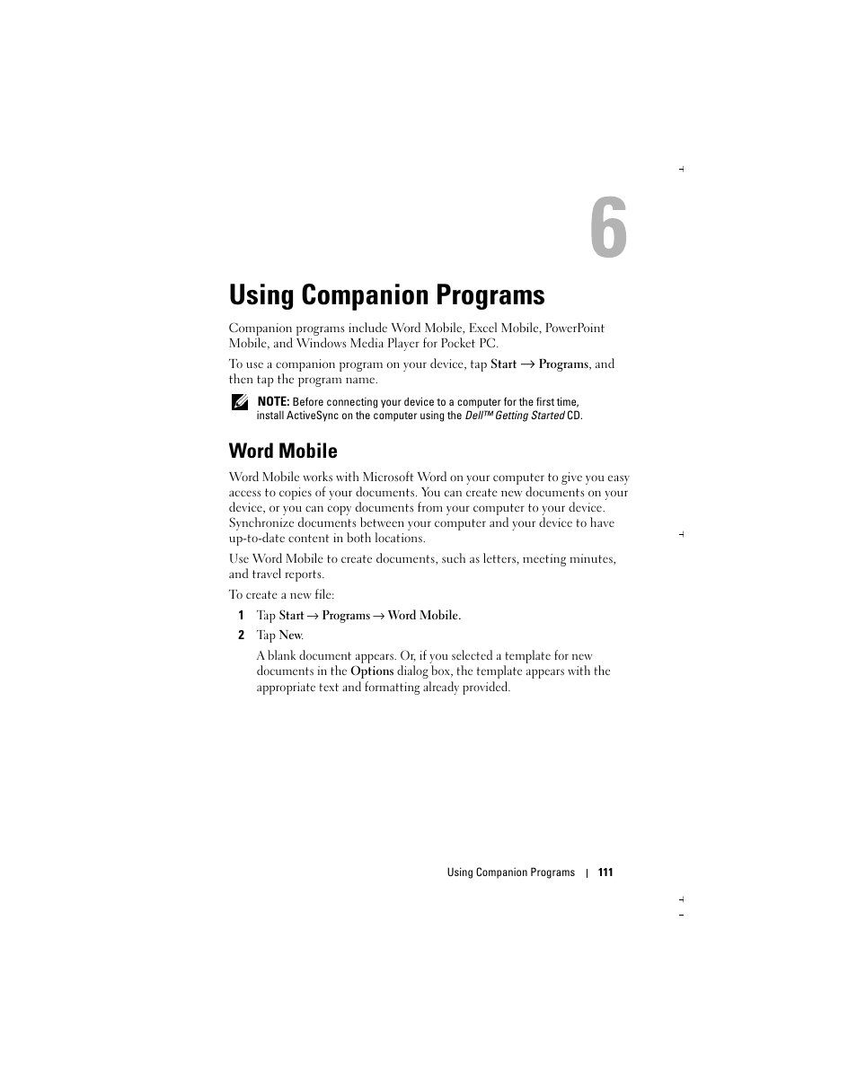 Using companion programs, Word mobile | Dell Axim X51 User Manual | Page 111 / 142