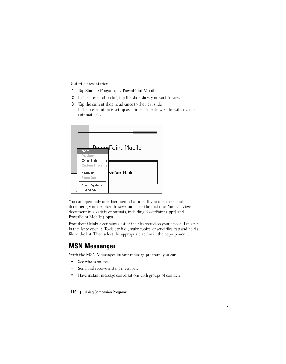 Msn messenger | Dell Axim X51 User Manual | Page 116 / 142