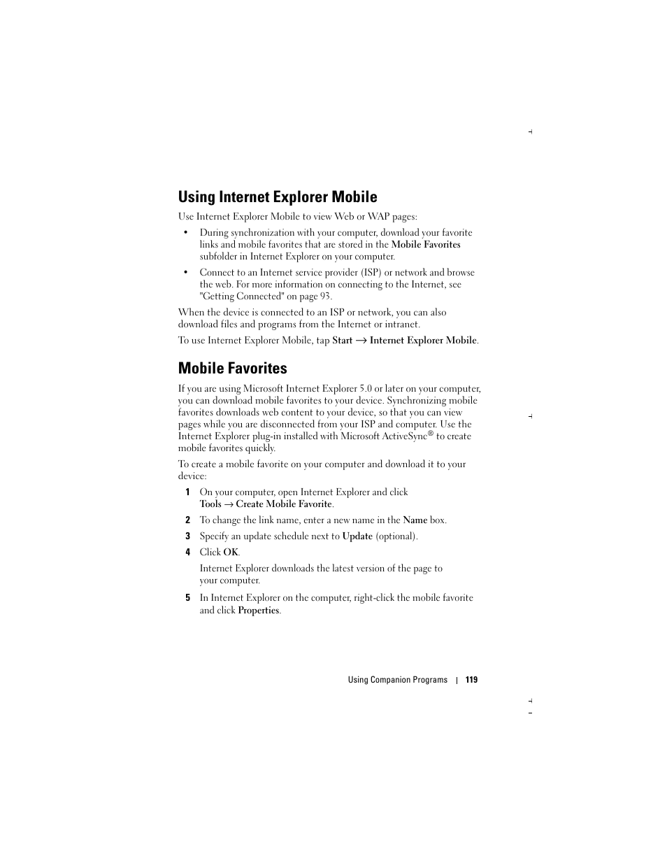 Using internet explorer mobile, Mobile favorites | Dell Axim X51 User Manual | Page 119 / 142
