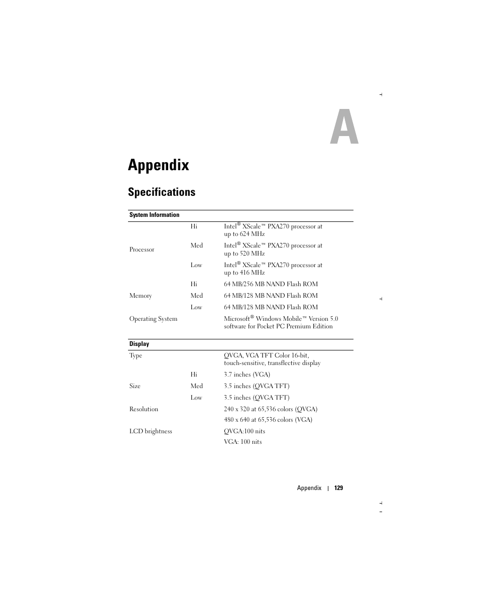 Appendix, Specifications | Dell Axim X51 User Manual | Page 129 / 142