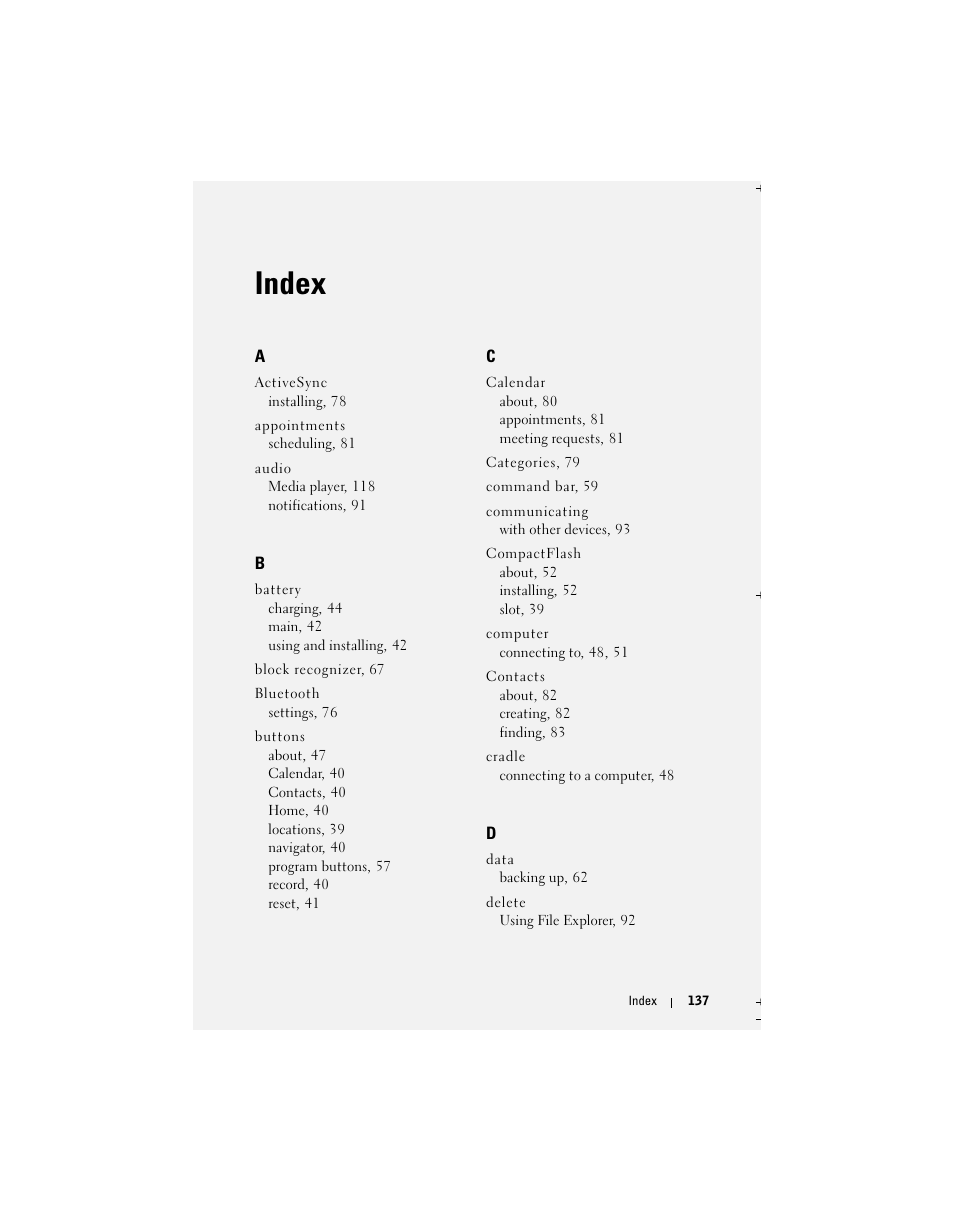 Index | Dell Axim X51 User Manual | Page 137 / 142