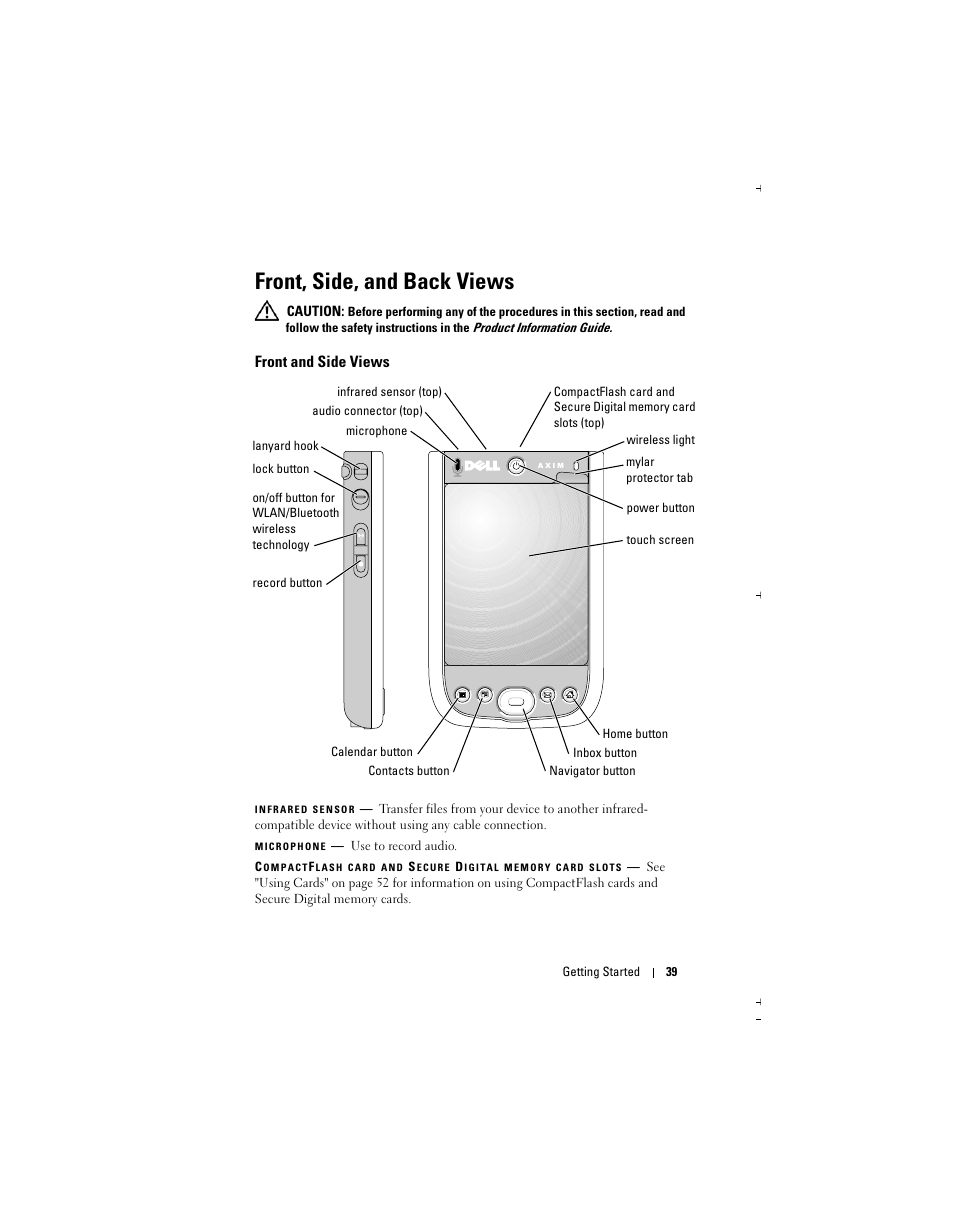 Front, side, and back views | Dell Axim X51 User Manual | Page 39 / 142