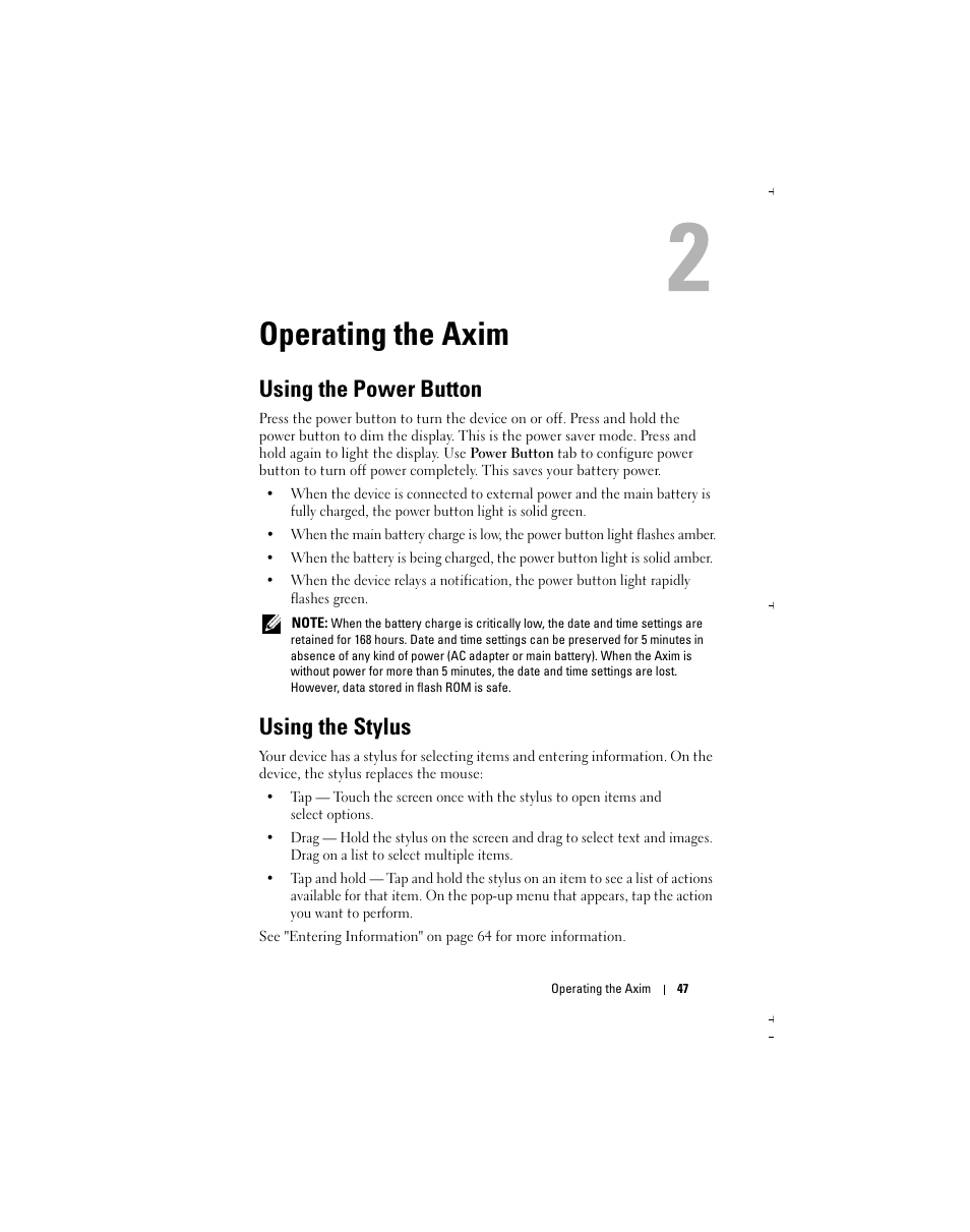 Operating the axim, Using the power button, Using the stylus | Dell Axim X51 User Manual | Page 47 / 142