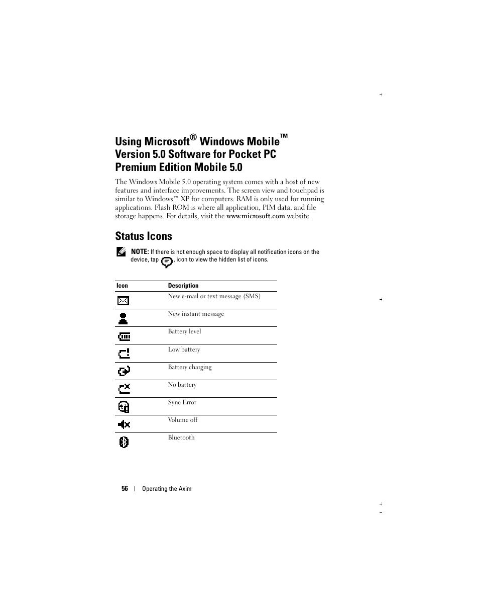 Using microsoft, Windows mobile, Status icons | Dell Axim X51 User Manual | Page 56 / 142