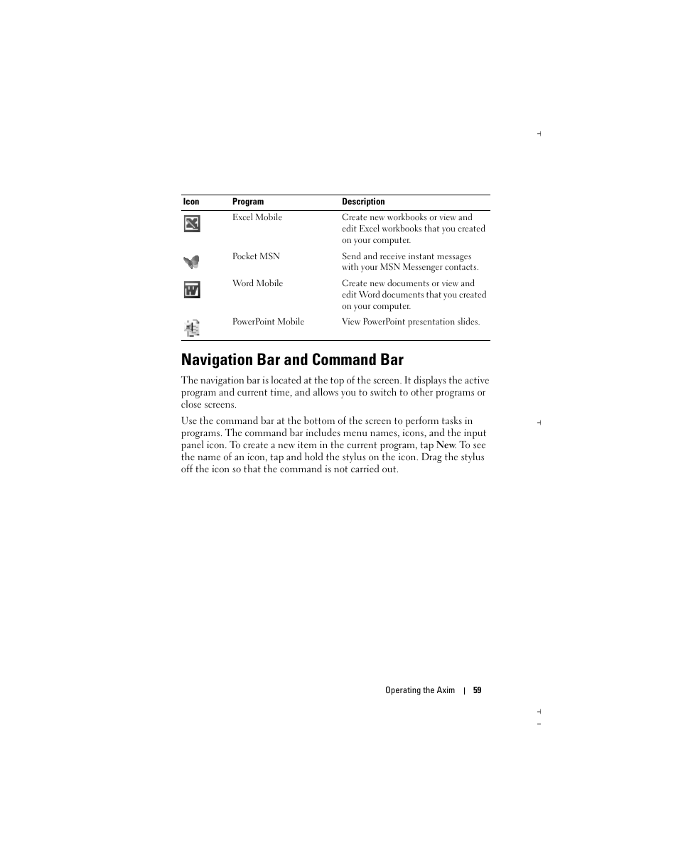 Navigation bar and command bar | Dell Axim X51 User Manual | Page 59 / 142