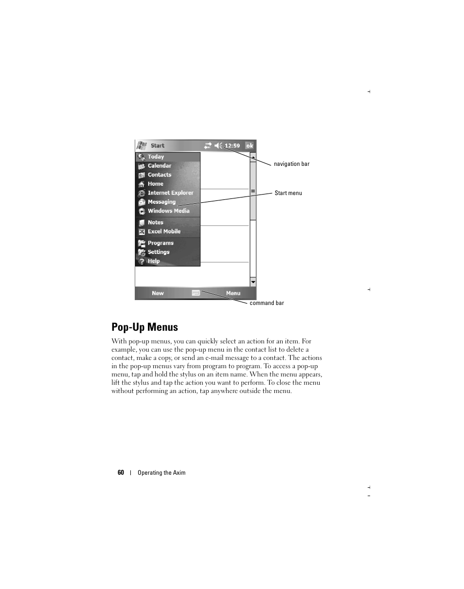 Pop-up menus | Dell Axim X51 User Manual | Page 60 / 142