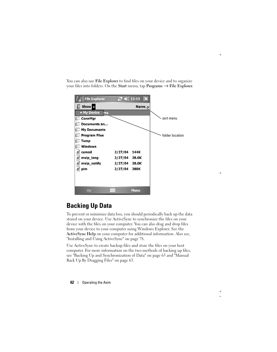 Backing up data | Dell Axim X51 User Manual | Page 62 / 142