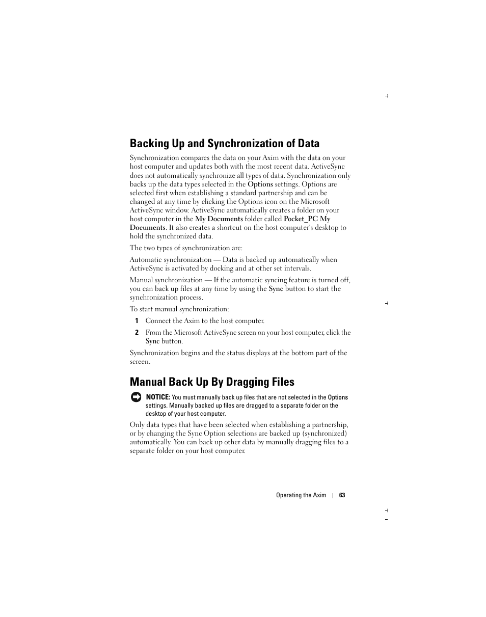 Backing up and synchronization of data, Manual back up by dragging files | Dell Axim X51 User Manual | Page 63 / 142