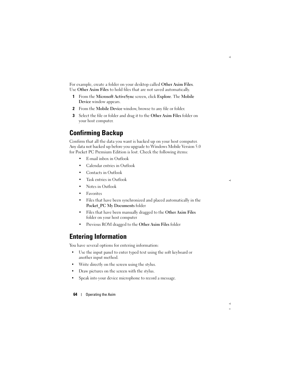 Confirming backup, Entering information | Dell Axim X51 User Manual | Page 64 / 142