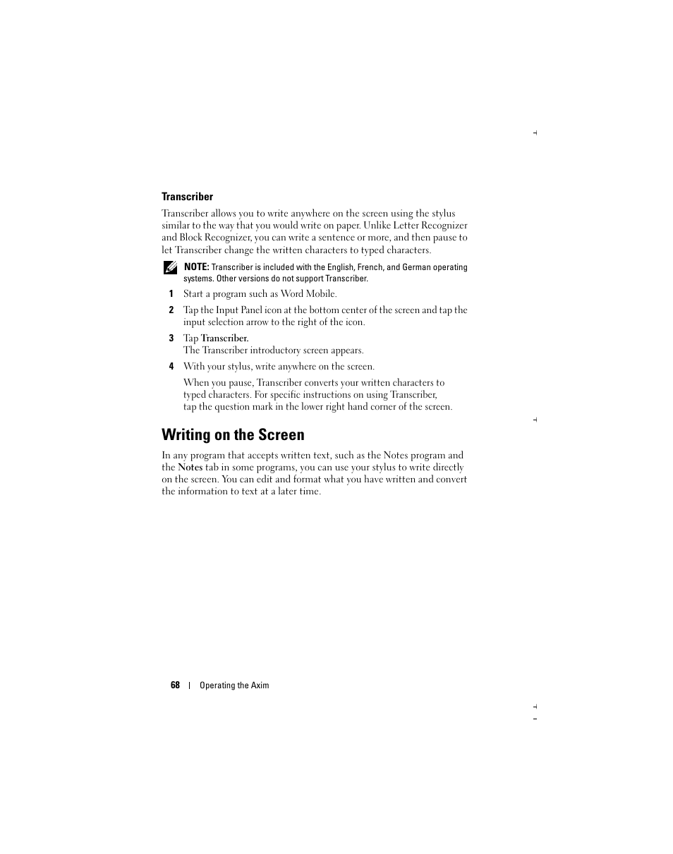 Writing on the screen | Dell Axim X51 User Manual | Page 68 / 142