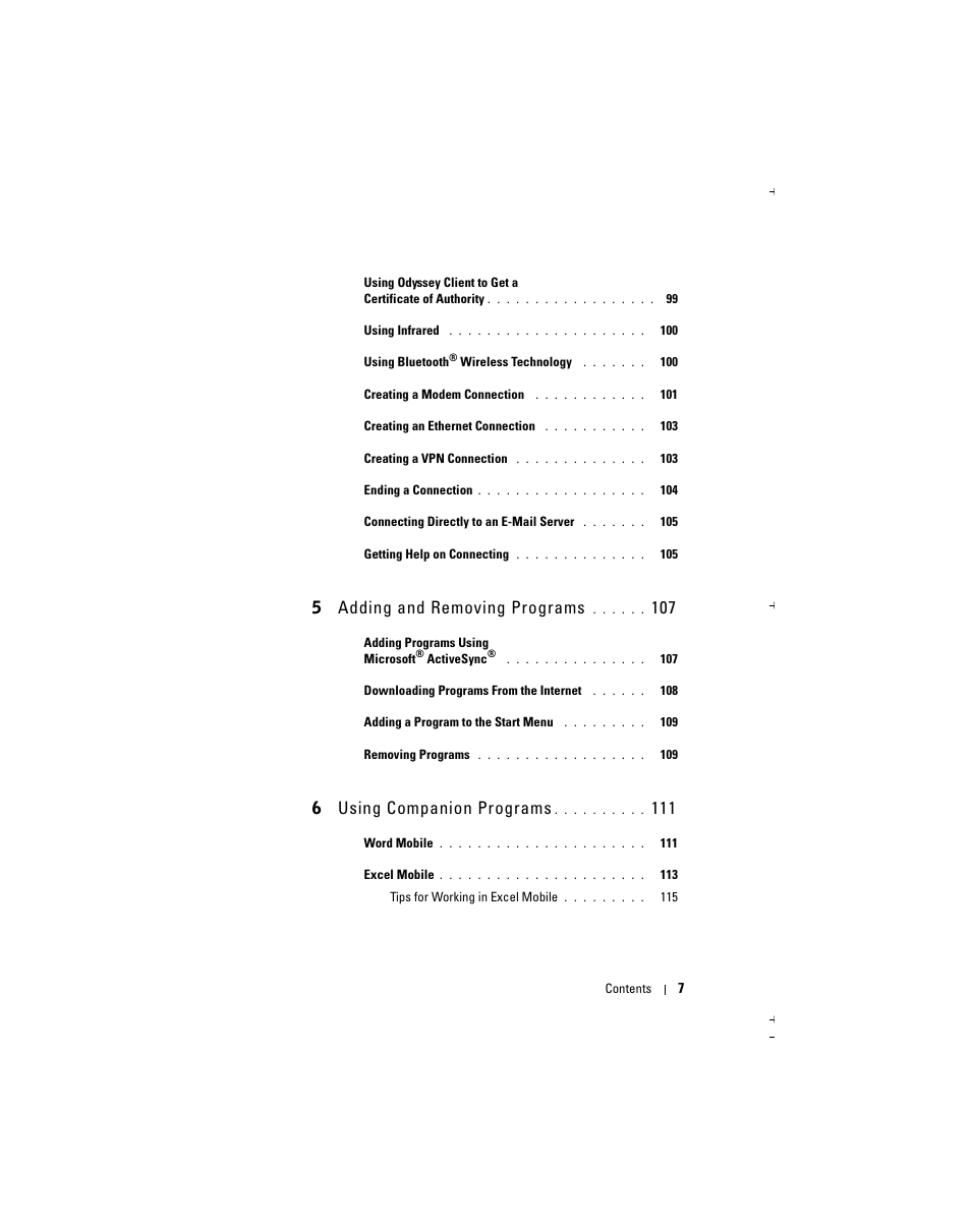 5 adding and removing programs, 6 using companion programs | Dell Axim X51 User Manual | Page 7 / 142