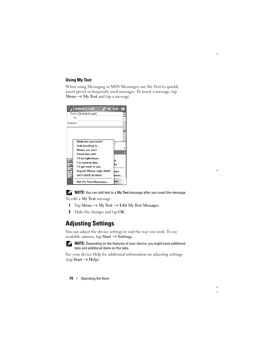 Adjusting settings | Dell Axim X51 User Manual | Page 74 / 142