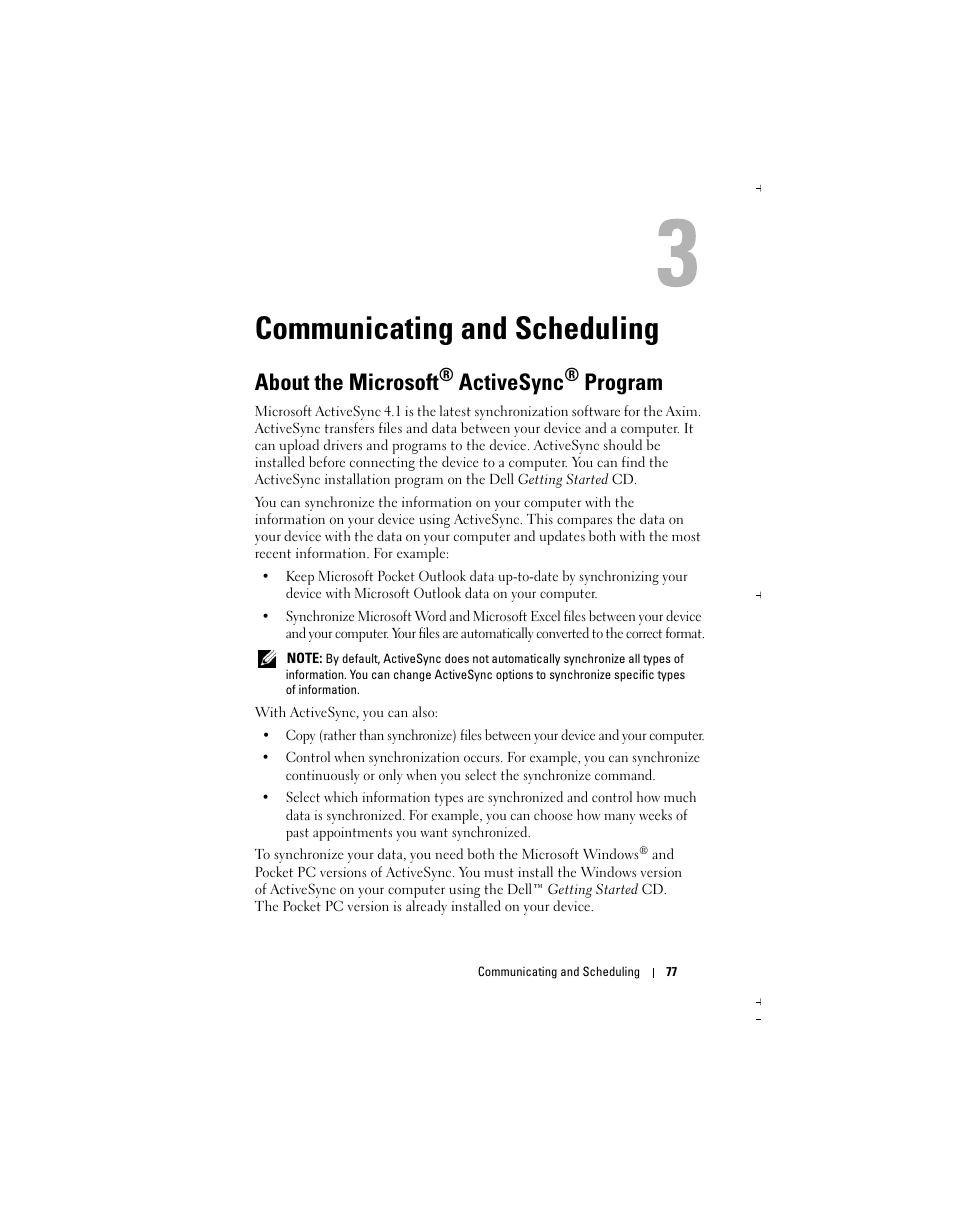 Communicating and scheduling, About the microsoft, Activesync | Program | Dell Axim X51 User Manual | Page 77 / 142