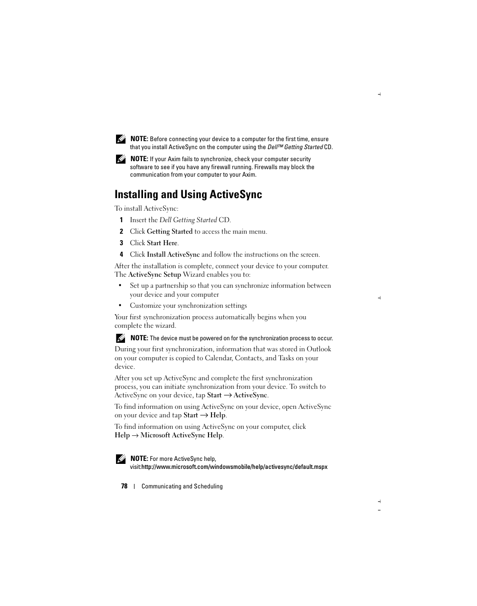 Installing and using activesync | Dell Axim X51 User Manual | Page 78 / 142