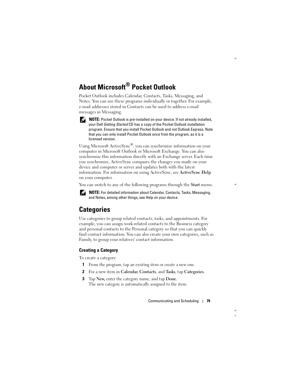 About microsoft, Pocket outlook, Categories | Dell Axim X51 User Manual | Page 79 / 142