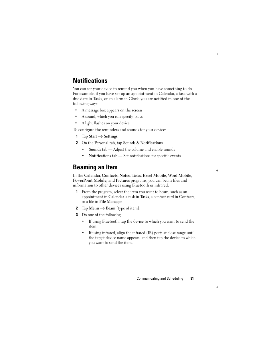 Notifications, Beaming an item | Dell Axim X51 User Manual | Page 91 / 142