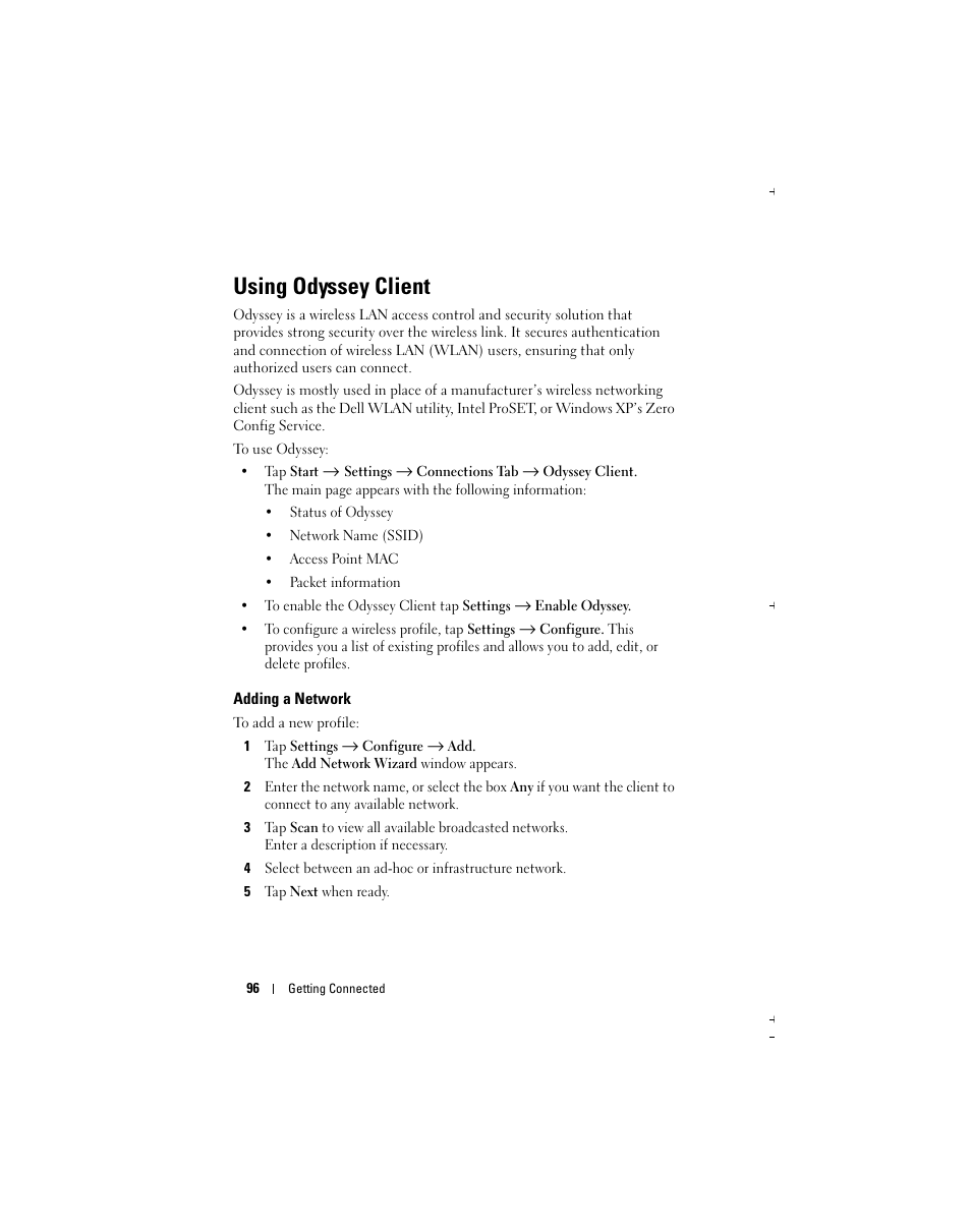 Using odyssey client | Dell Axim X51 User Manual | Page 96 / 142