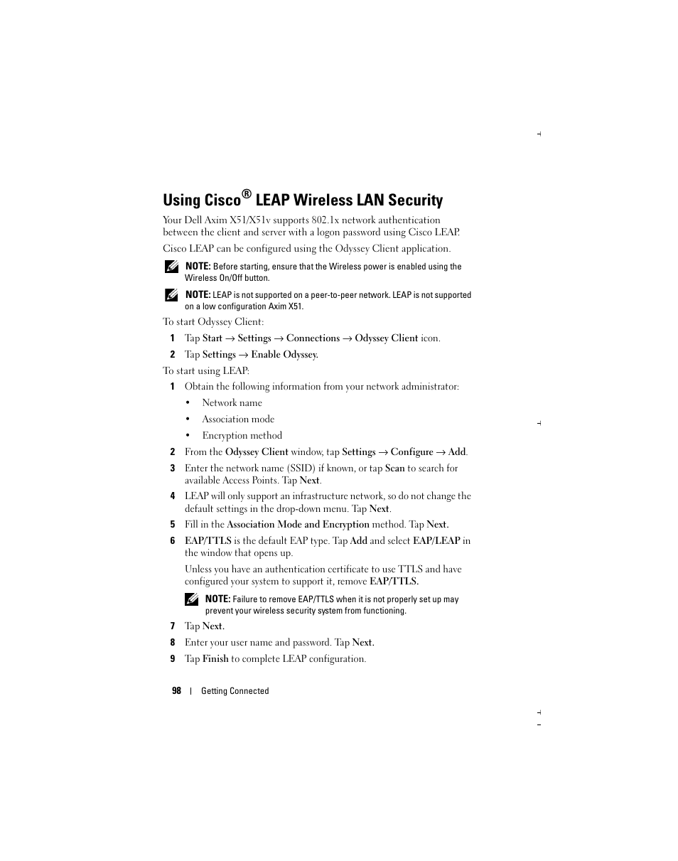 Using cisco, Leap wireless lan security | Dell Axim X51 User Manual | Page 98 / 142