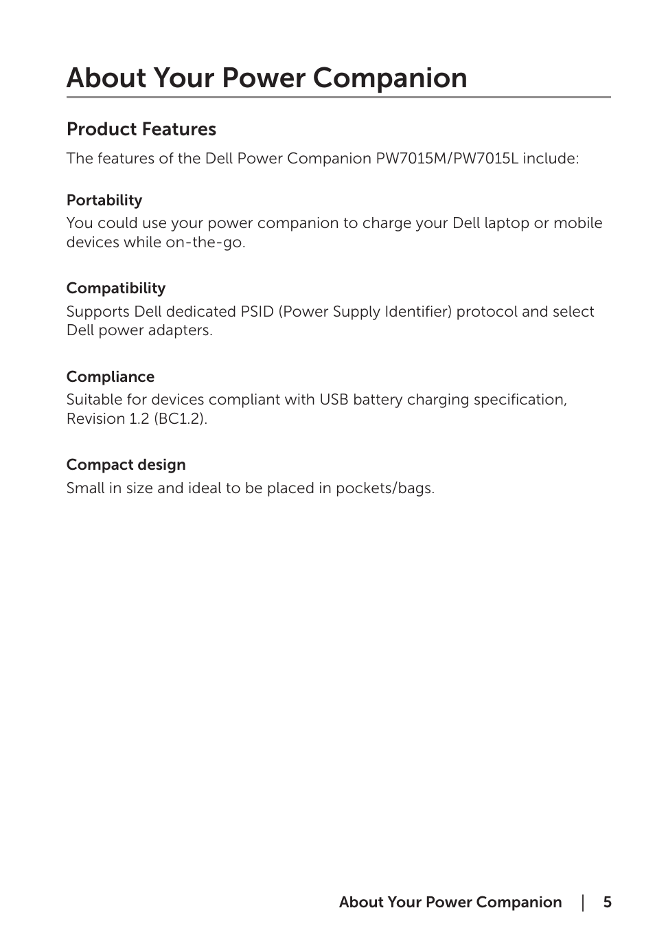 About your power companion, Product features | Dell Portable Power Companion (12000mAh) PW7015M User Manual | Page 5 / 16