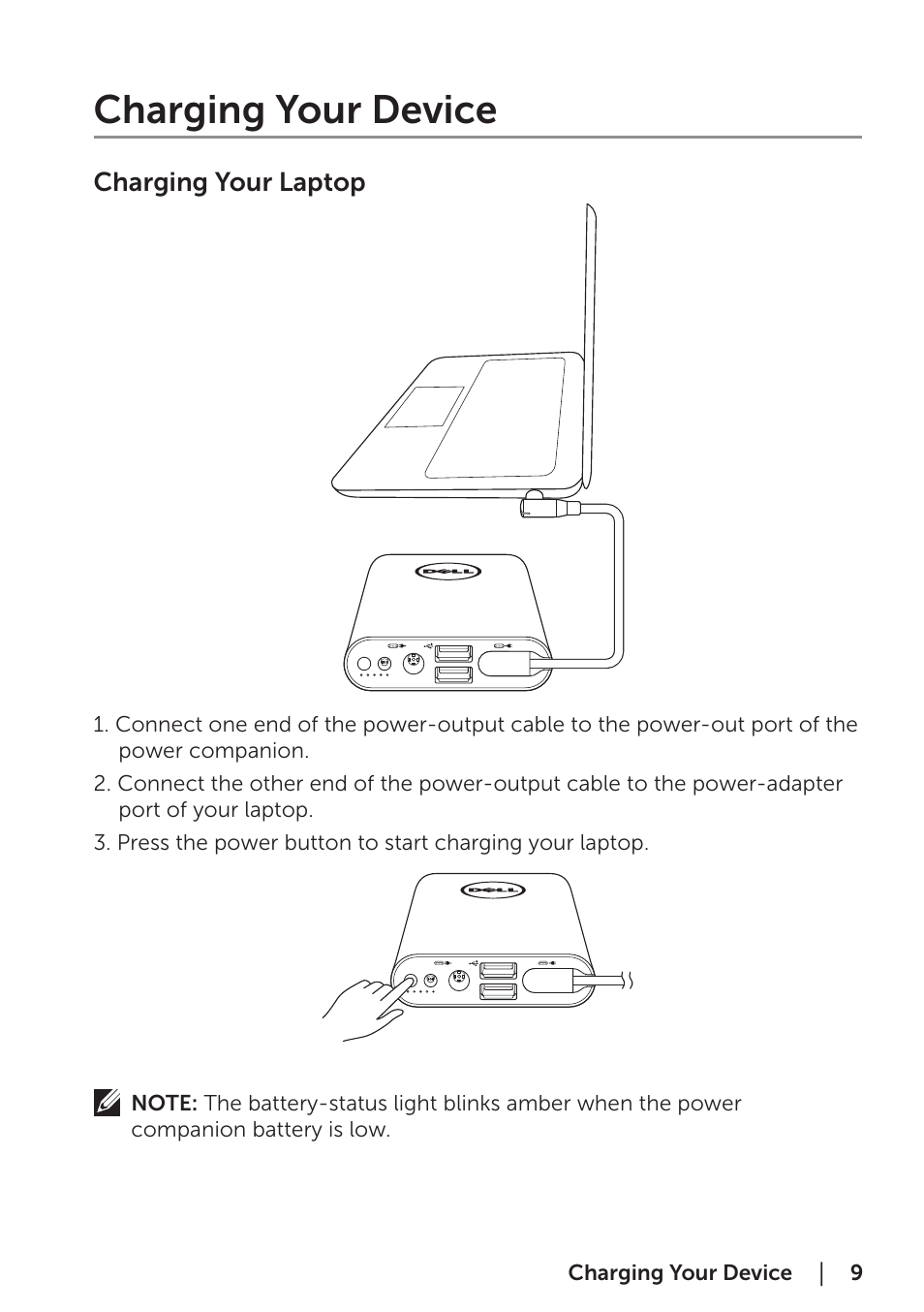 Charging your device, Charging your laptop | Dell Portable Power Companion (12000mAh) PW7015M User Manual | Page 9 / 16