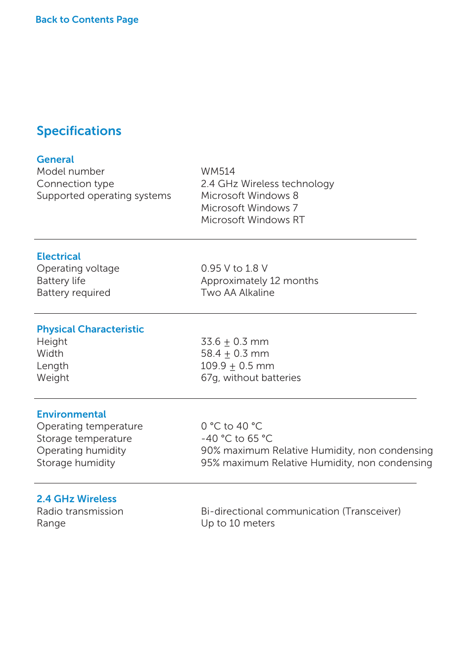 Specifications | Dell Wireless Laser Mouse WM514 User Manual | Page 12 / 15