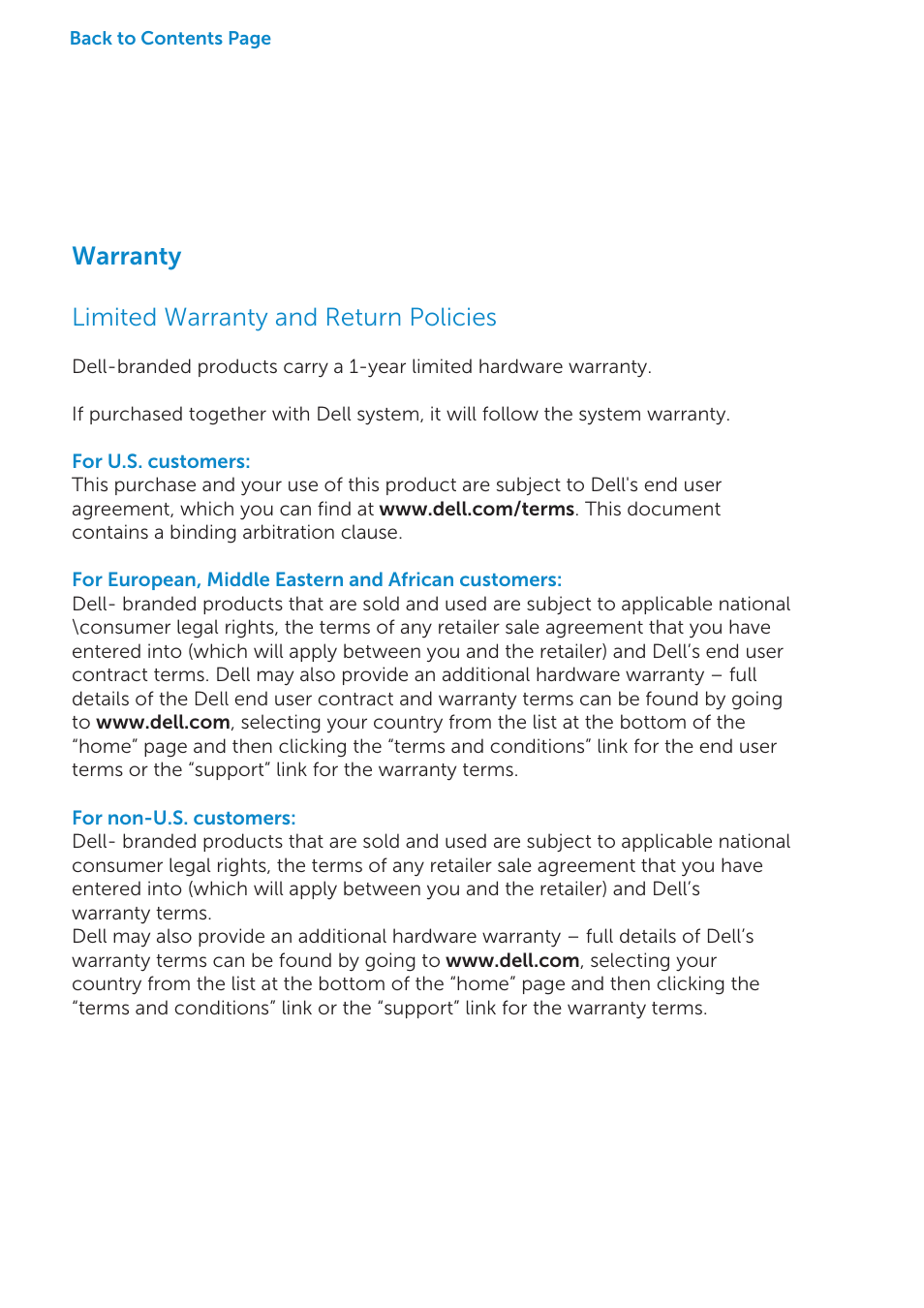 Warranty, Warranty limited warranty and return policies | Dell Wireless Laser Mouse WM514 User Manual | Page 13 / 15