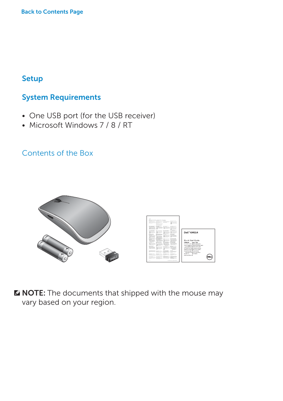 Setup: system requirements, Setup, Back to contents page | Dell Wireless Laser Mouse WM514 User Manual | Page 4 / 15