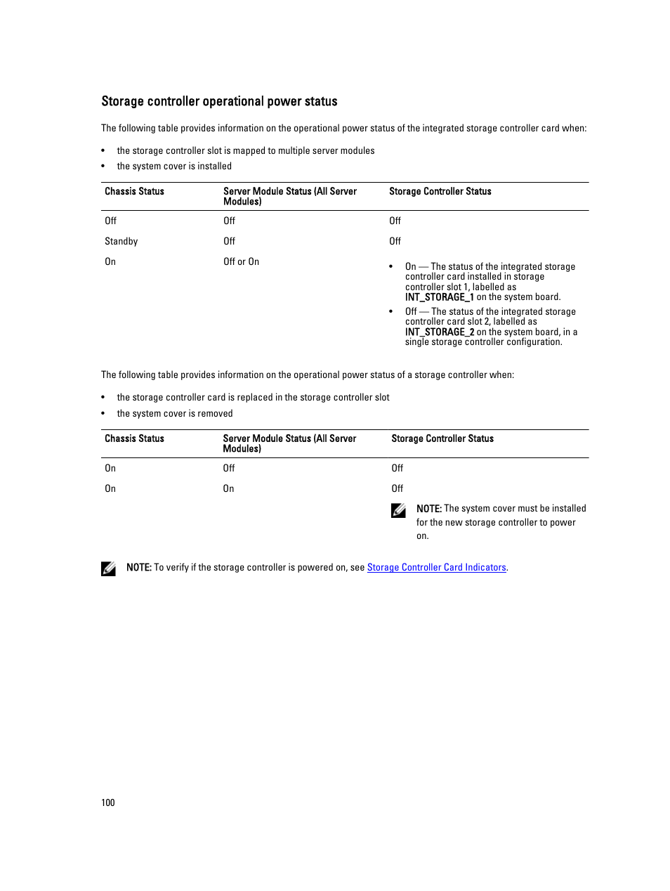 Storage controller operational power status | Dell PowerEdge VRTX User Manual | Page 100 / 150
