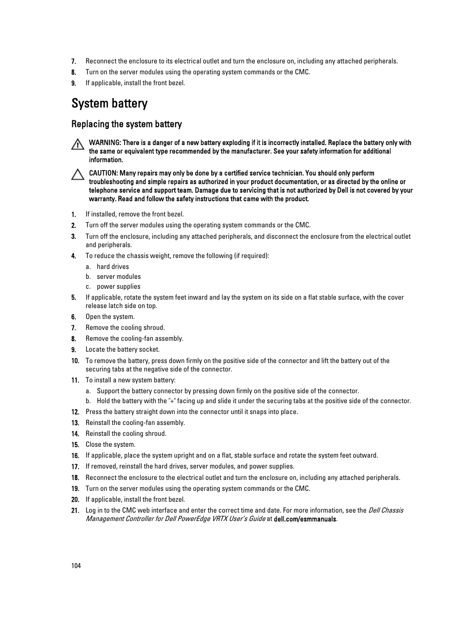 System battery, Replacing the system battery | Dell PowerEdge VRTX User Manual | Page 104 / 150