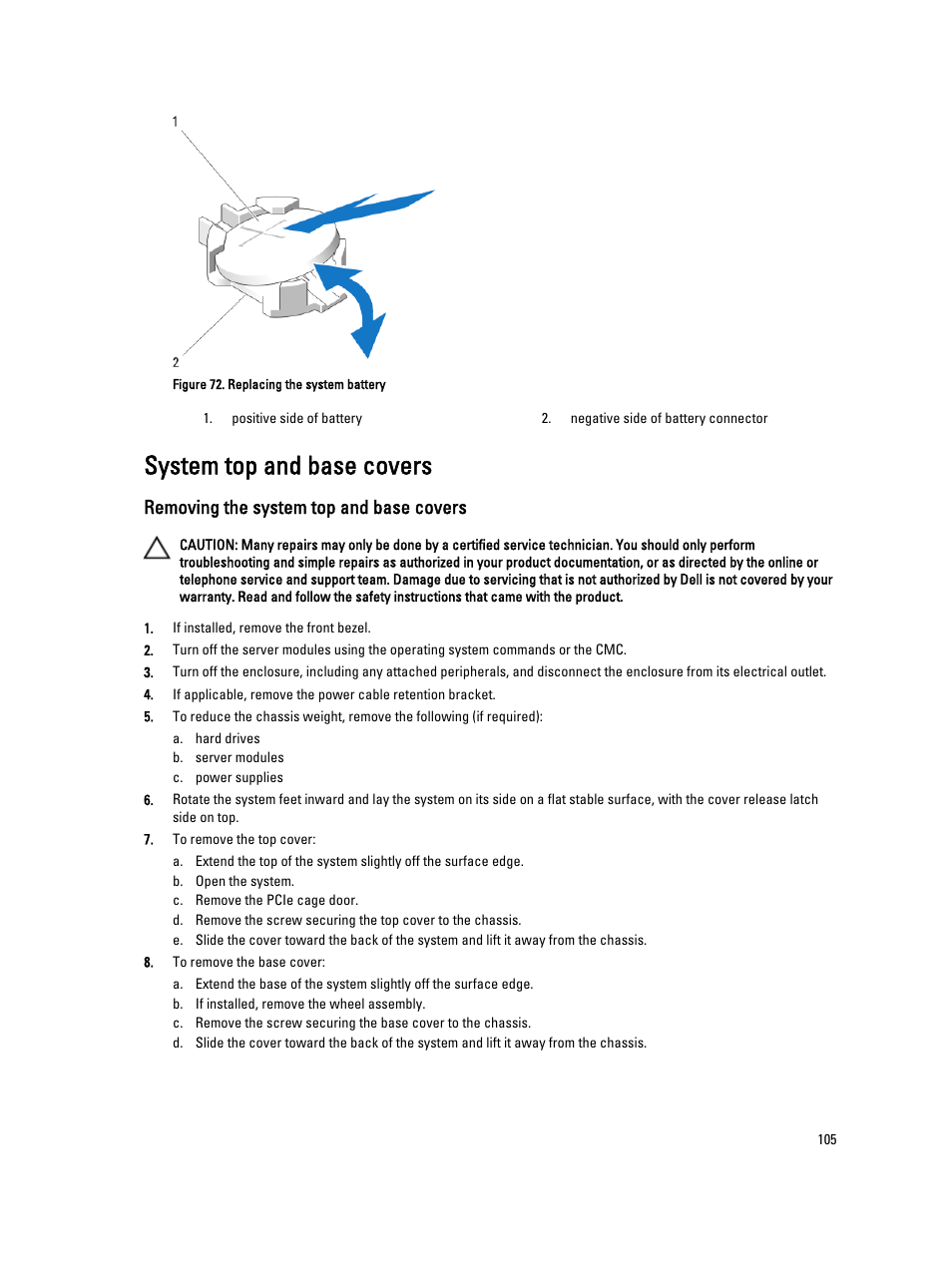 System top and base covers, Removing the system top and base covers | Dell PowerEdge VRTX User Manual | Page 105 / 150