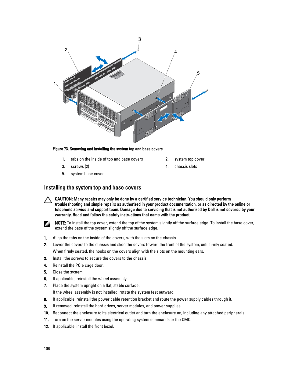 Installing the system top and base covers | Dell PowerEdge VRTX User Manual | Page 106 / 150