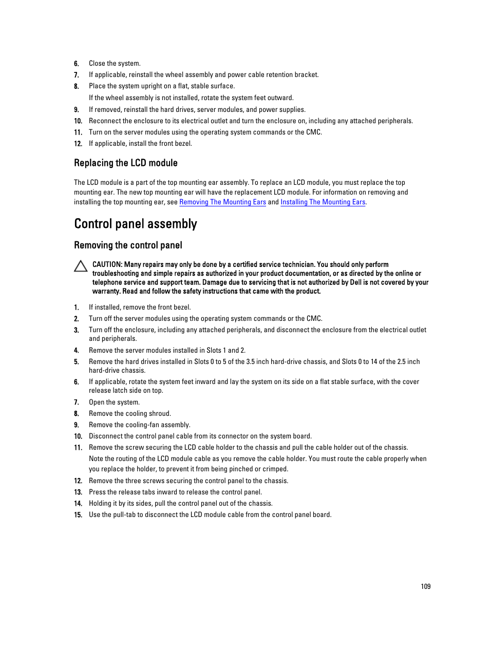 Replacing the lcd module, Control panel assembly, Removing the control panel | Dell PowerEdge VRTX User Manual | Page 109 / 150