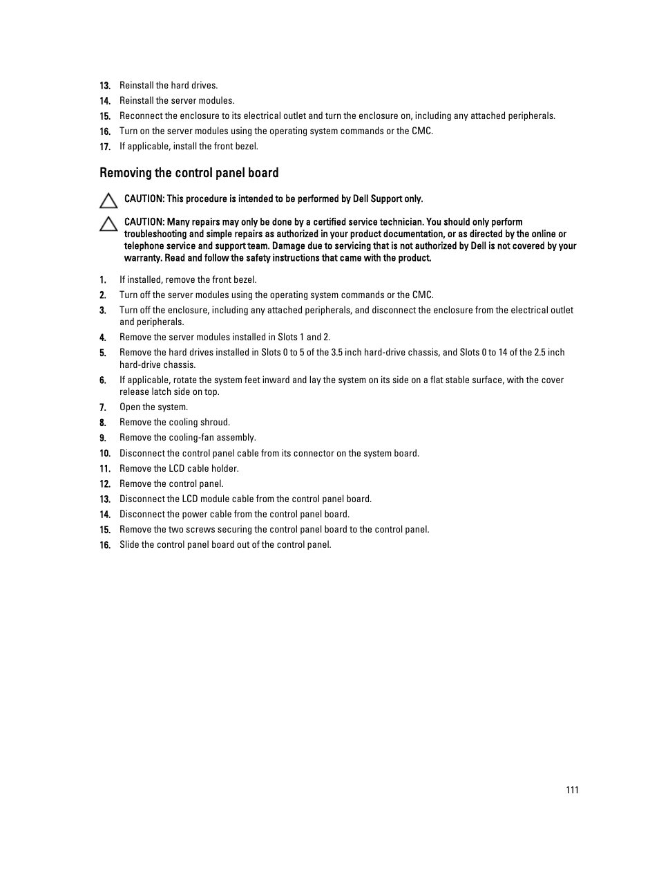 Removing the control panel board | Dell PowerEdge VRTX User Manual | Page 111 / 150