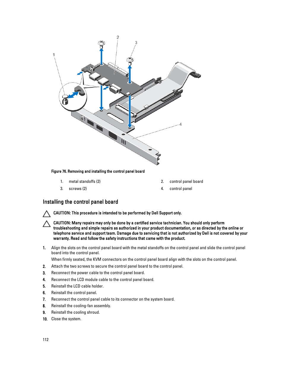 Installing the control panel board | Dell PowerEdge VRTX User Manual | Page 112 / 150