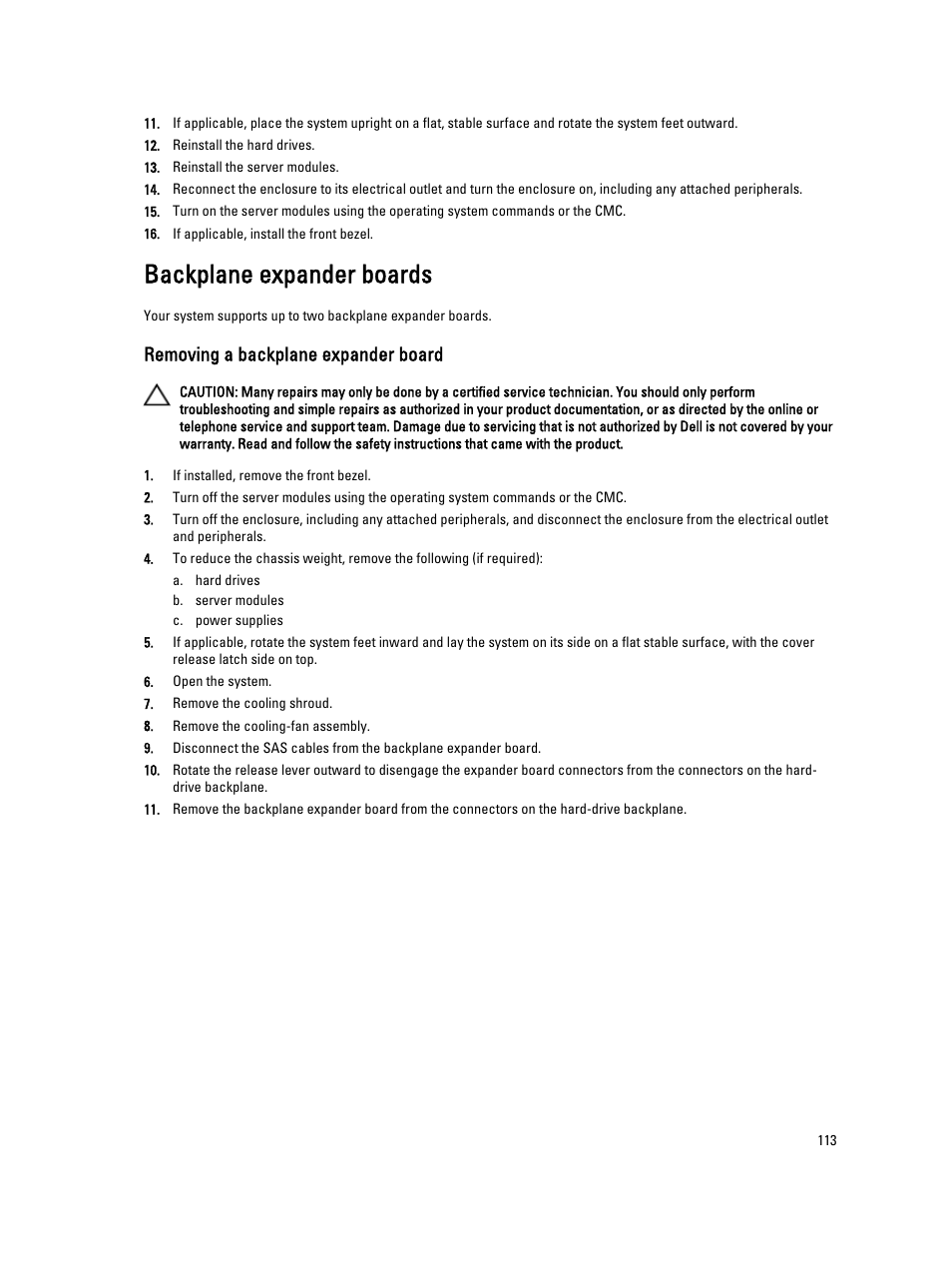 Backplane expander boards, Removing a backplane expander board, Removing the backplane expander board | Dell PowerEdge VRTX User Manual | Page 113 / 150