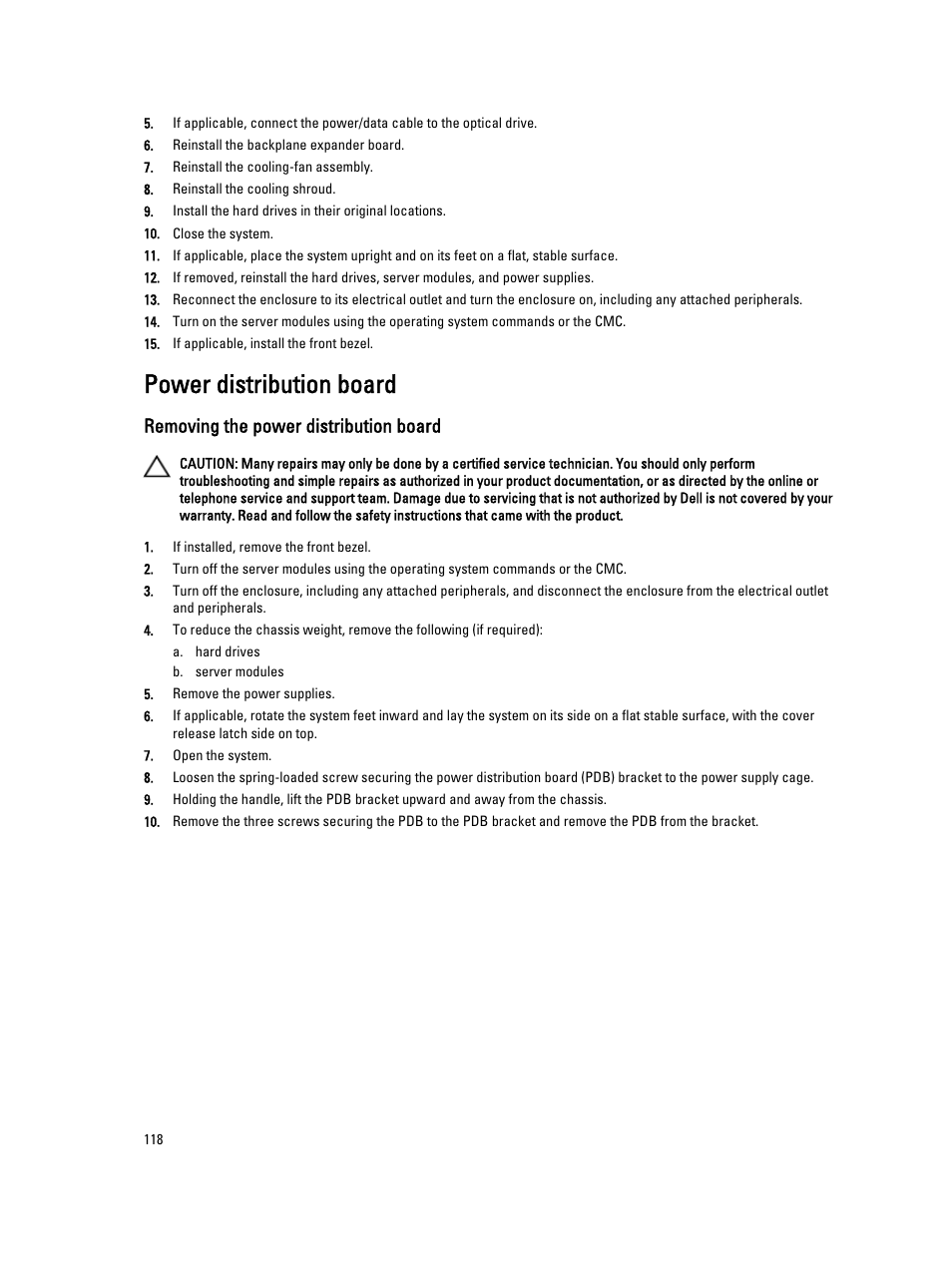 Power distribution board, Removing the power distribution board | Dell PowerEdge VRTX User Manual | Page 118 / 150