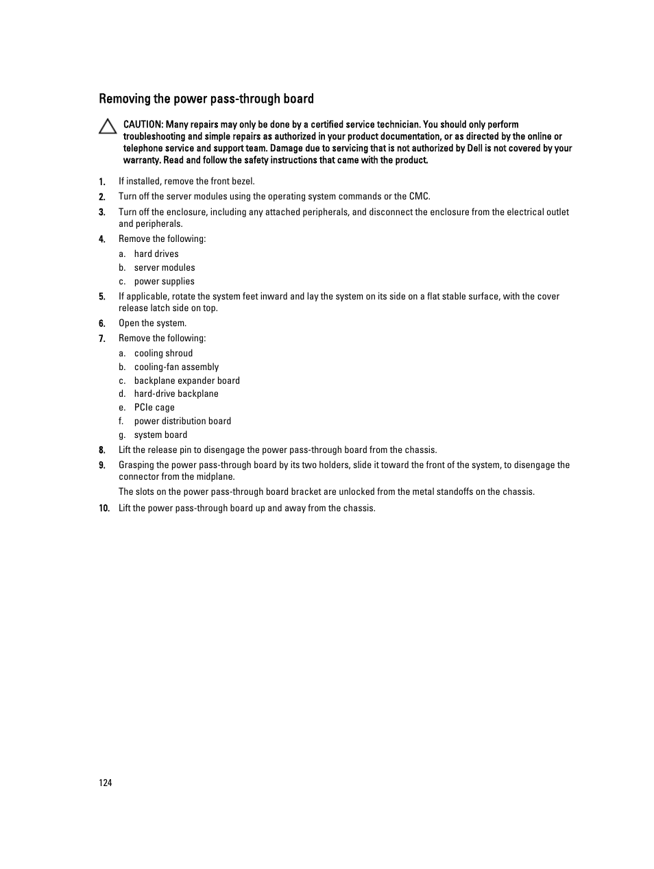 Removing the power pass-through board | Dell PowerEdge VRTX User Manual | Page 124 / 150