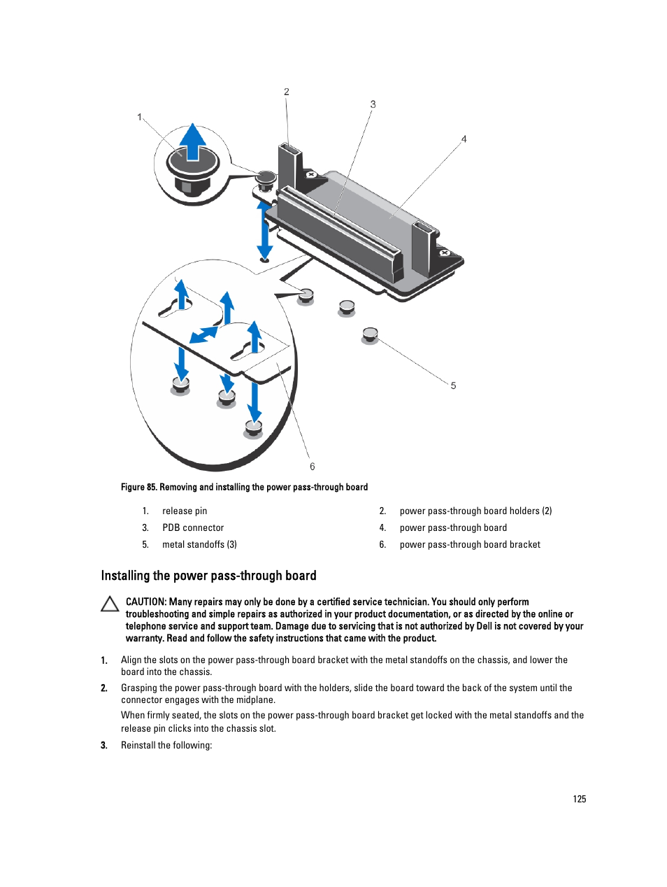 Installing the power pass-through board | Dell PowerEdge VRTX User Manual | Page 125 / 150