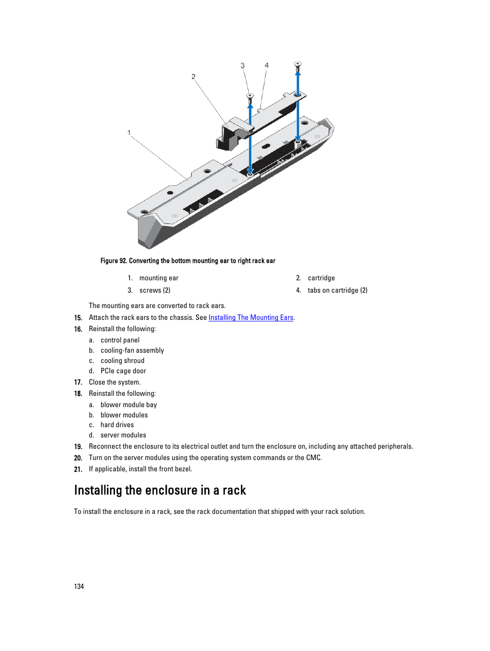 Installing the enclosure in a rack | Dell PowerEdge VRTX User Manual | Page 134 / 150