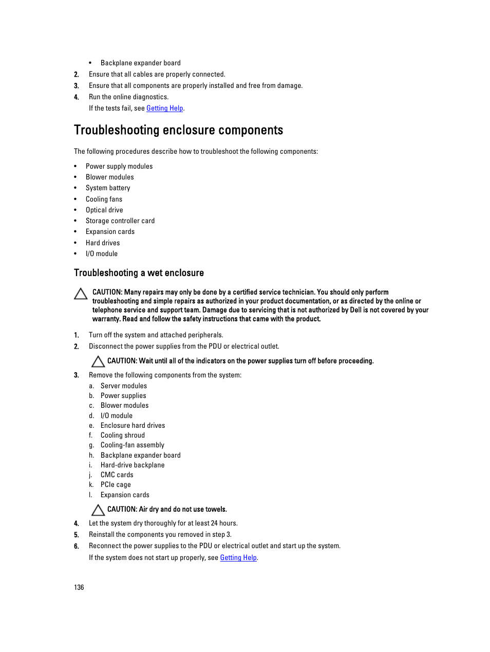 Troubleshooting enclosure components, Troubleshooting a wet enclosure | Dell PowerEdge VRTX User Manual | Page 136 / 150
