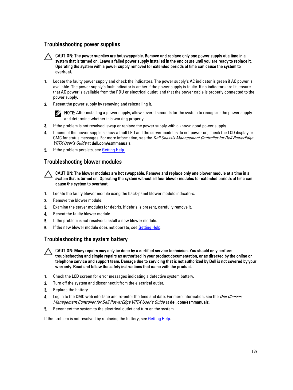 Troubleshooting power supplies, Troubleshooting blower modules, Troubleshooting the system battery | Dell PowerEdge VRTX User Manual | Page 137 / 150
