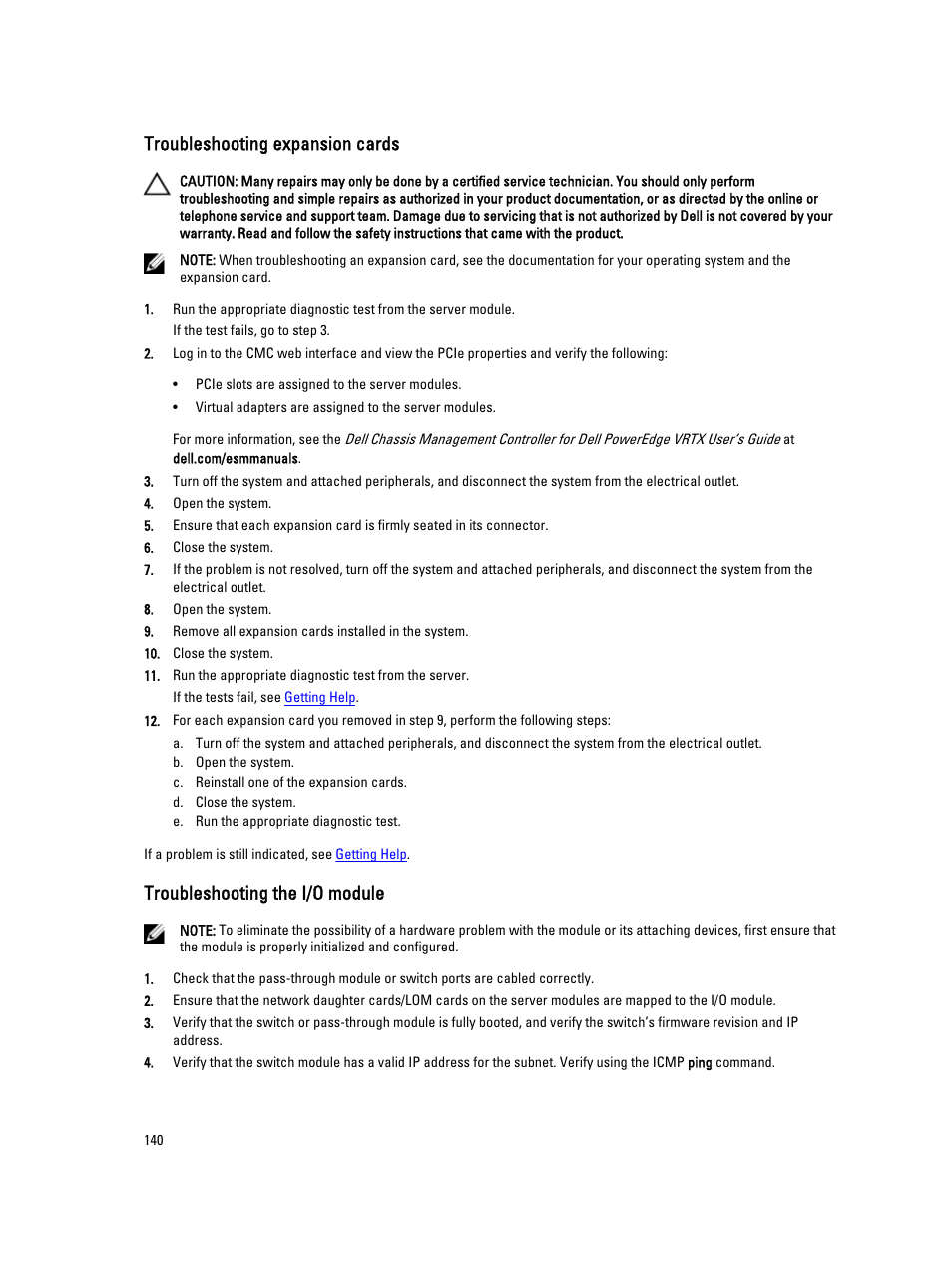 Troubleshooting expansion cards, Troubleshooting the i/o module | Dell PowerEdge VRTX User Manual | Page 140 / 150