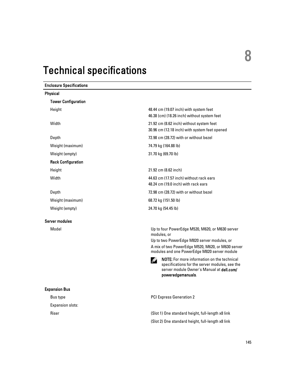 Technical specifications, 8 technical specifications | Dell PowerEdge VRTX User Manual | Page 145 / 150